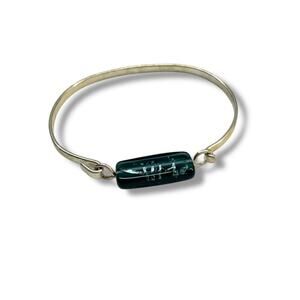 Silvertone Bangle Bracelet Hook Blue Glass Bead 2.4" Inside Diameter